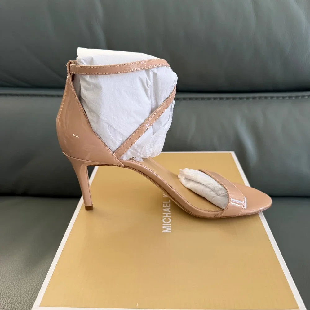 Michael Kors Ava Mid Sandal Patent Lt Blush Pink Stiletto Heels 40F9AVMA1A 8M
